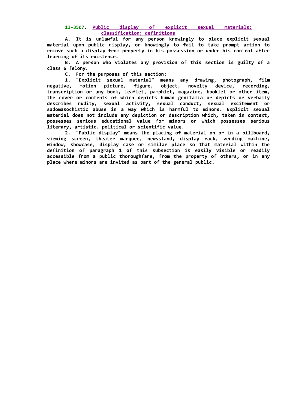 13-3507; Public Display of Explicit Sexual Materials; Classification; Definitions