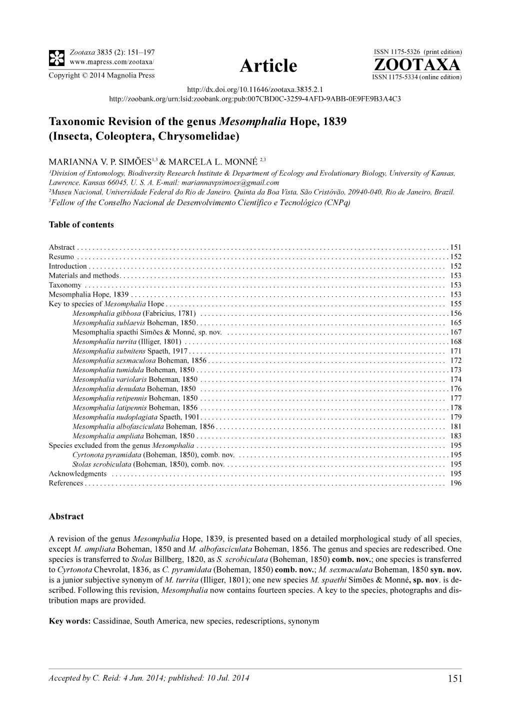 Taxonomic Revision of the Genus Mesomphalia Hope, 1839 (Insecta, Coleoptera, Chrysomelidae)