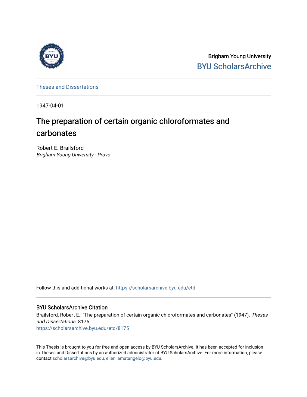 The Preparation of Certain Organic Chloroformates and Carbonates