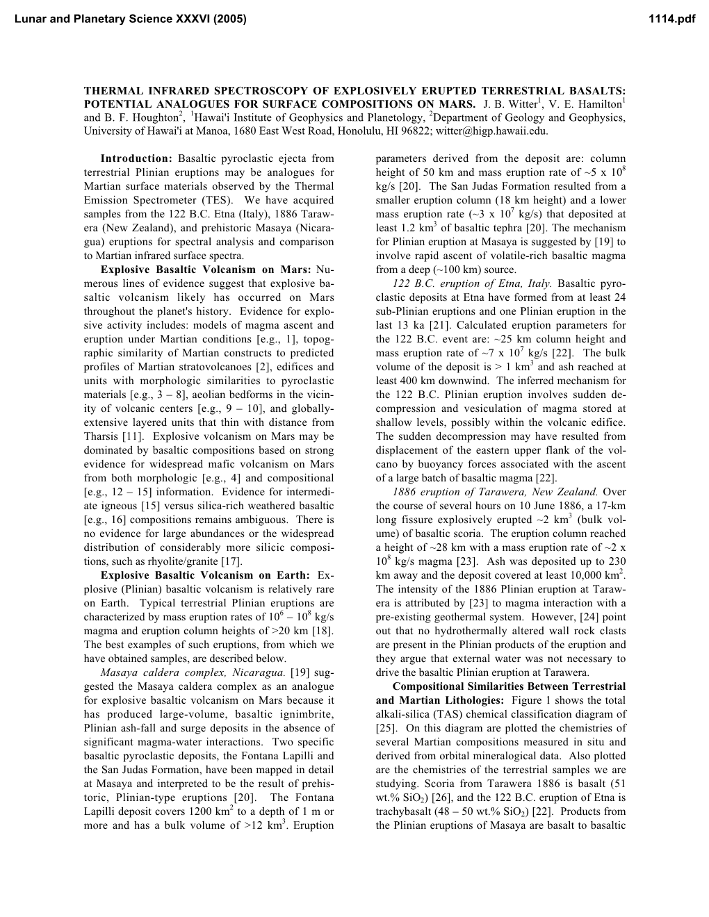 Thermal Infrared Spectroscopy of Explosively Erupted Terrestrial Basalts: Potential Analogues for Surface Compositions on Mars. J