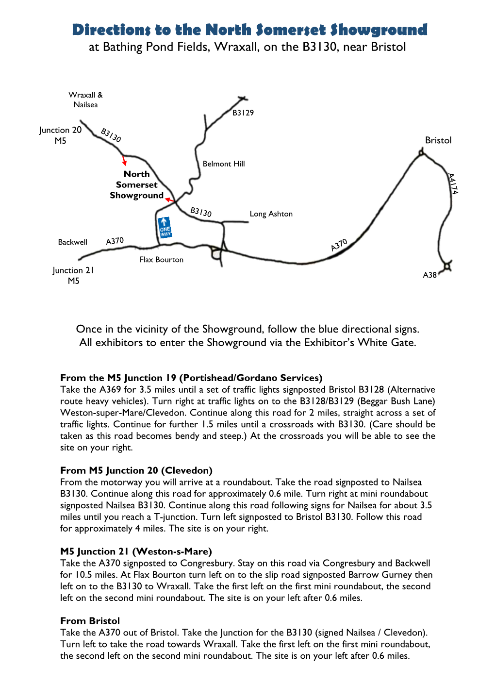 Directions to the North Somerset Showground at Bathing Pond Fields, Wraxall, on the B3130, Near Bristol