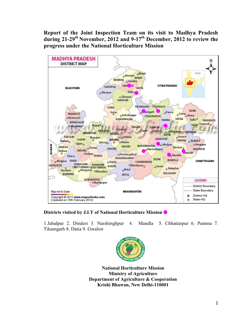 Report of the Joint Inspection Team on Its Visit to Madhya Pradesh During