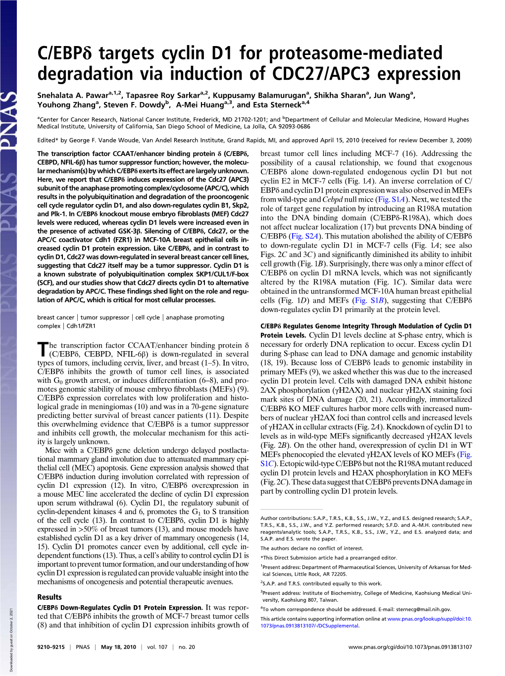 C/Ebpδ Targets Cyclin D1 for Proteasome-Mediated Degradation Via Induction of CDC27/APC3 Expression