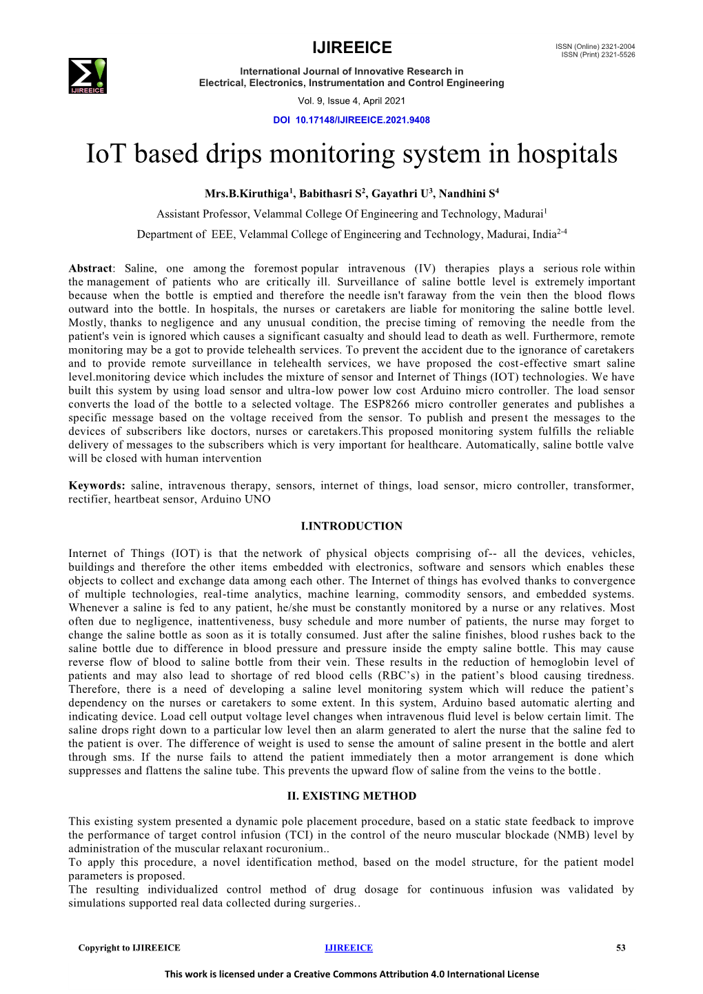 Iot Based Drips Monitoring System in Hospitals