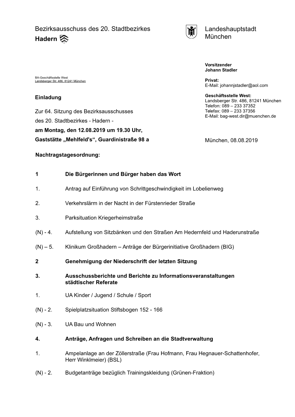 Bezirksausschuss Des 20. Stadtbezirkes Landeshauptstadt Hadern München