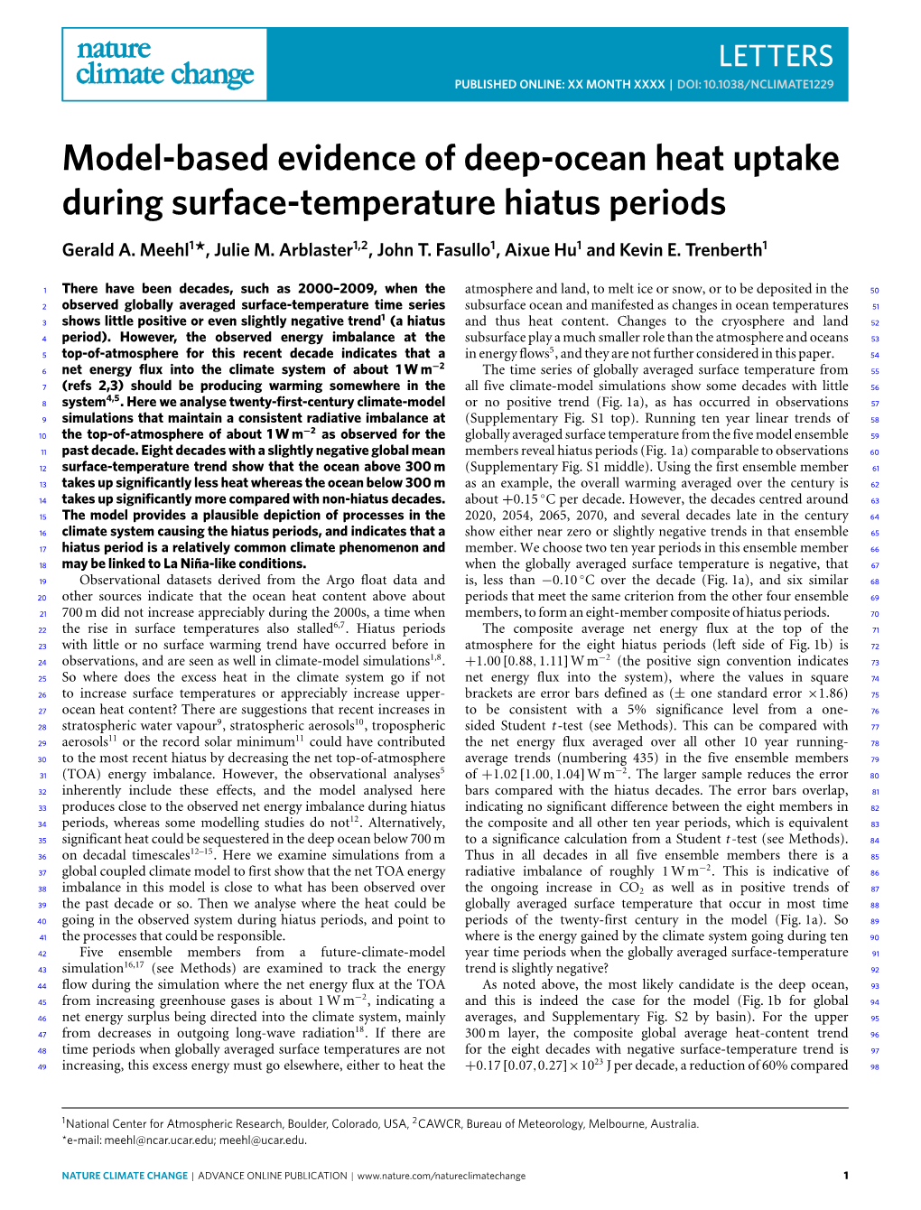 Model-Based Evidence of Deep-Ocean Heat Uptake During Surface-Temperature Hiatus Periods Gerald A