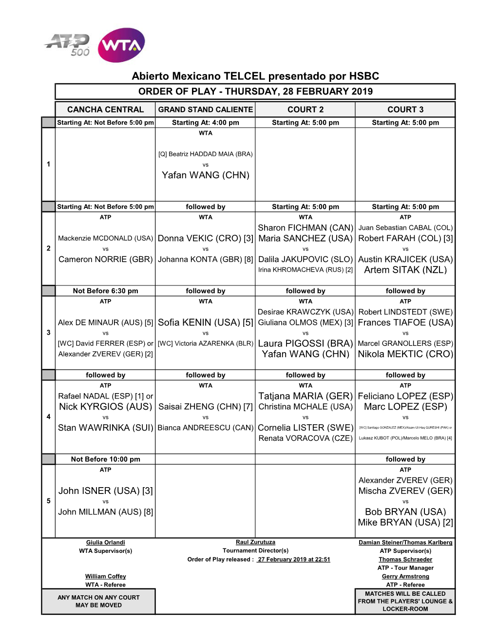 Abierto Mexicano TELCEL Presentado Por HSBC ORDER of PLAY - THURSDAY, 28 FEBRUARY 2019