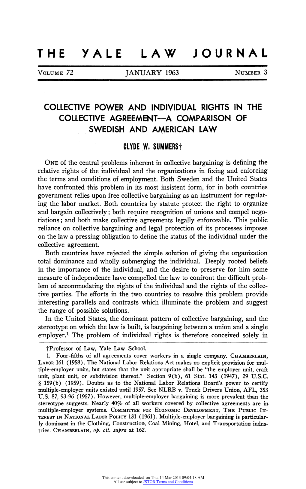 Collective Power and Individual Rights in the Collective Agreement Â•Fi a Comparison of Swedish and American