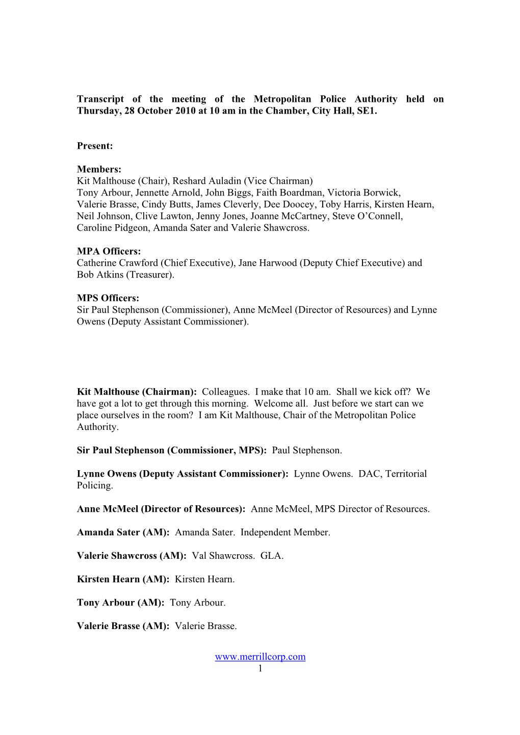 Transcript of the MPA Full Authority Meeting on 28 October 2010