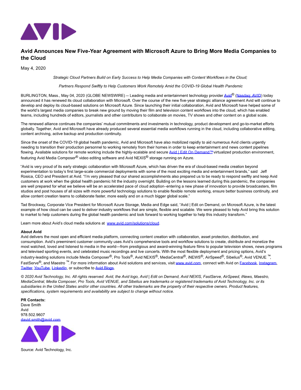 Avid Announces New Five-Year Agreement with Microsoft Azure to Bring More Media Companies to the Cloud