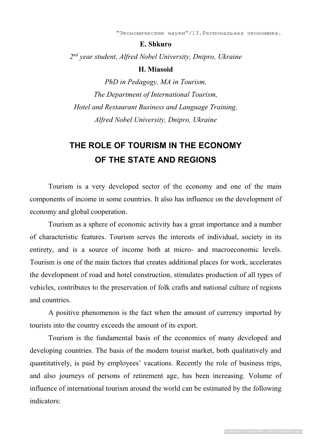 The Role of Tourism in the Economy of the State and Regions