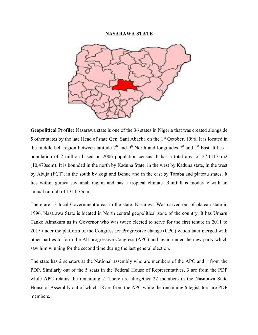 NASARAWA STATE Geopolitical Profile