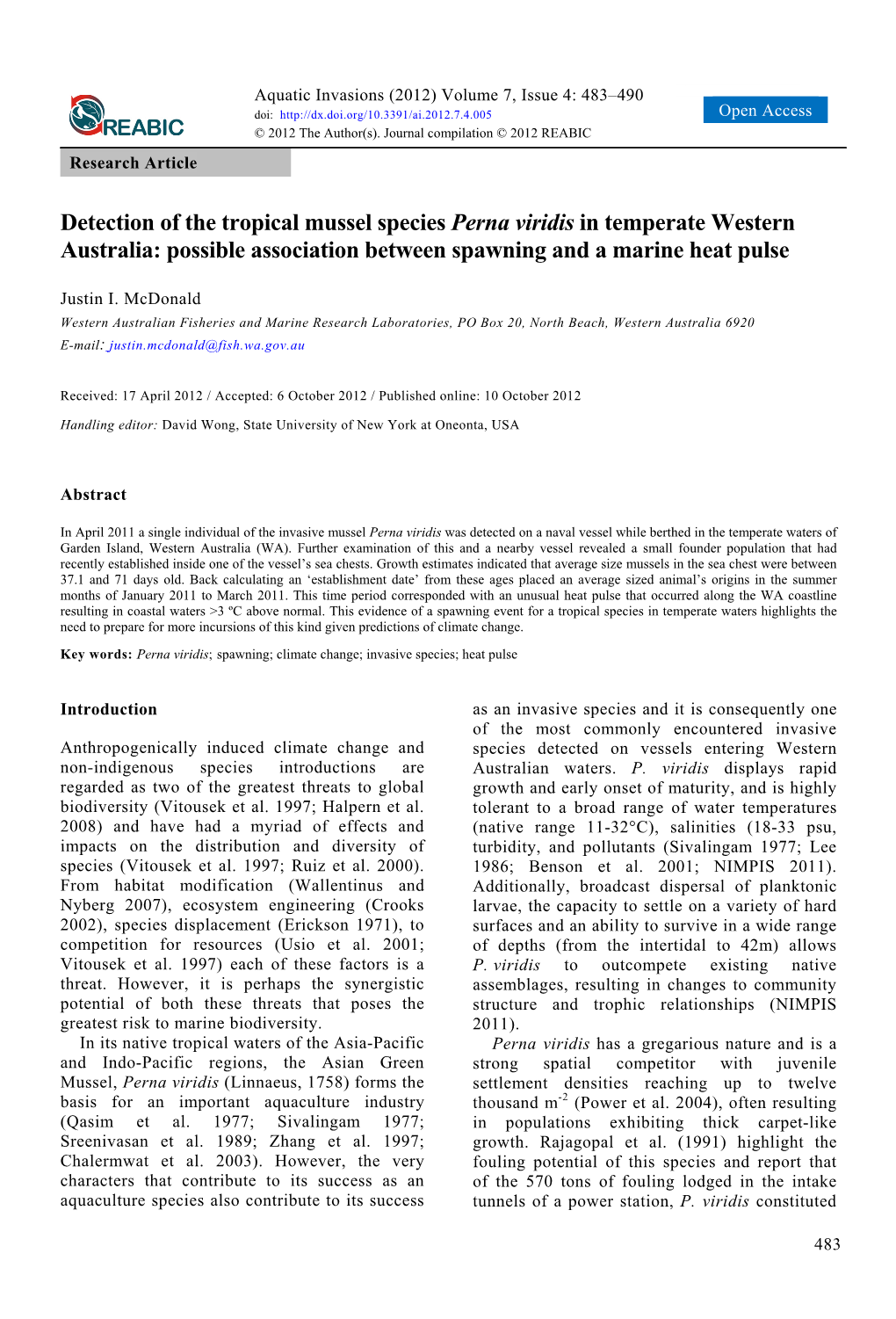 Detection of the Tropical Mussel Species Perna Viridis in Temperate Western Australia: Possible Association Between Spawning and a Marine Heat Pulse