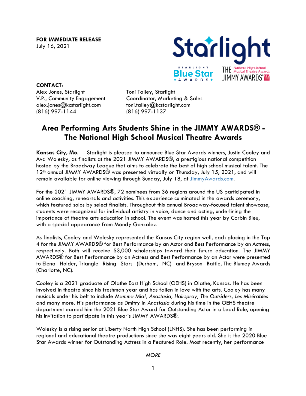 Area Performing Arts Students Shine in the JIMMY AWARDS® - the National High School Musical Theatre Awards