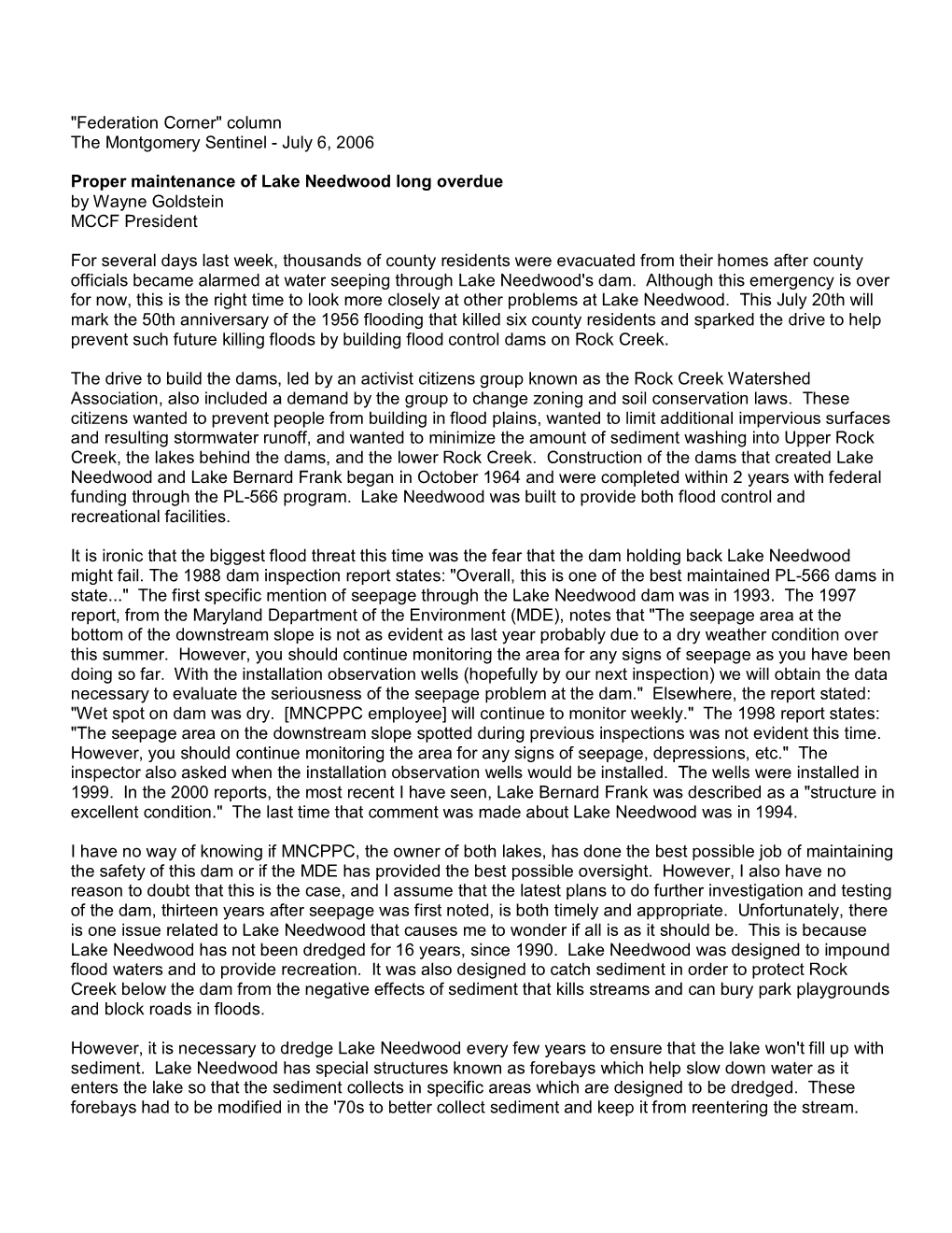 "Federation Corner" Column the Montgomery Sentinel - July 6, 2006