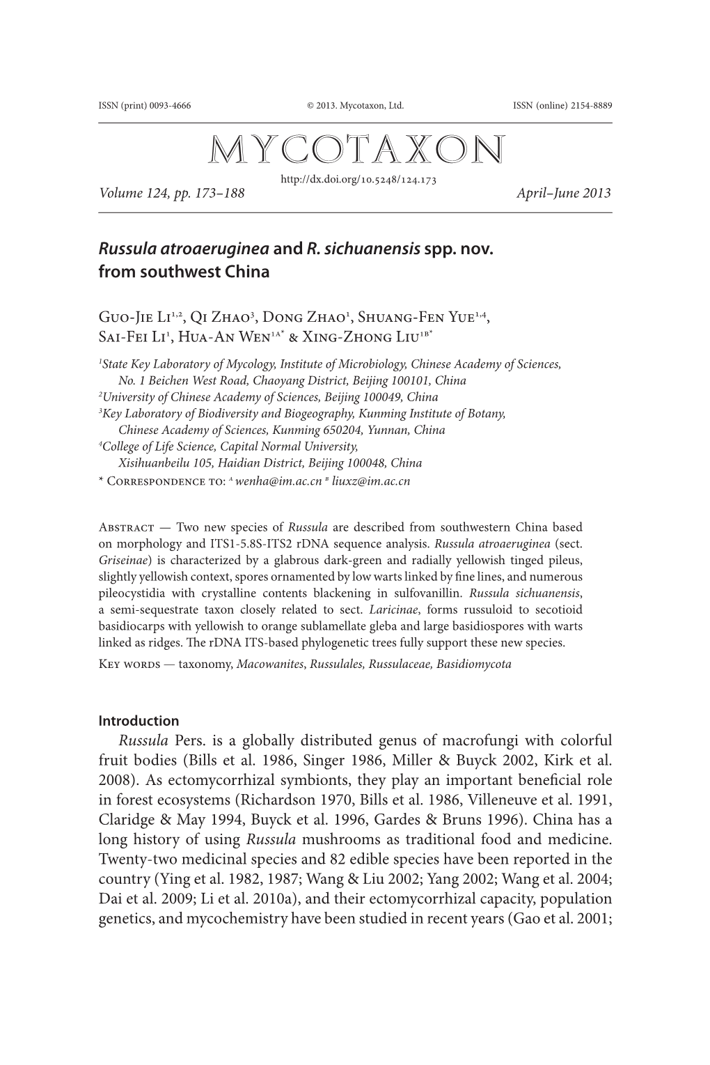 <I>Russula Atroaeruginea</I> and <I>R. Sichuanensis</I> Spp. Nov. from Southwest China