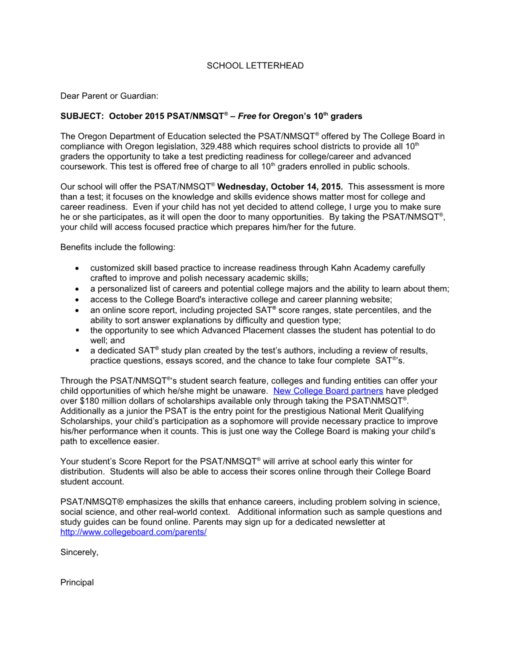 2015 PSAT/NMSQT? Sample Parent Letter