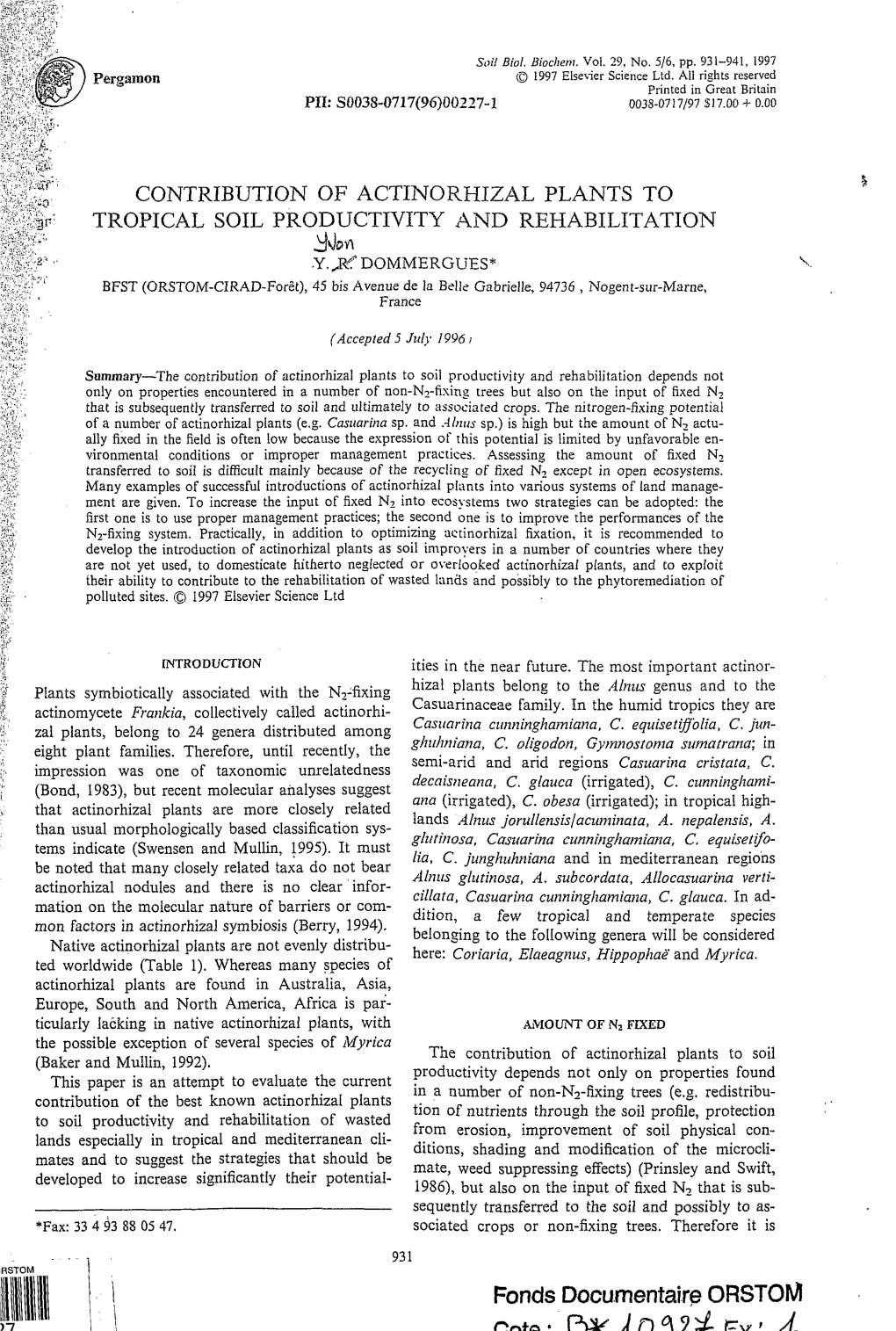 Contribution of Actinorhizal Plants to Tropical Soil Productivity And