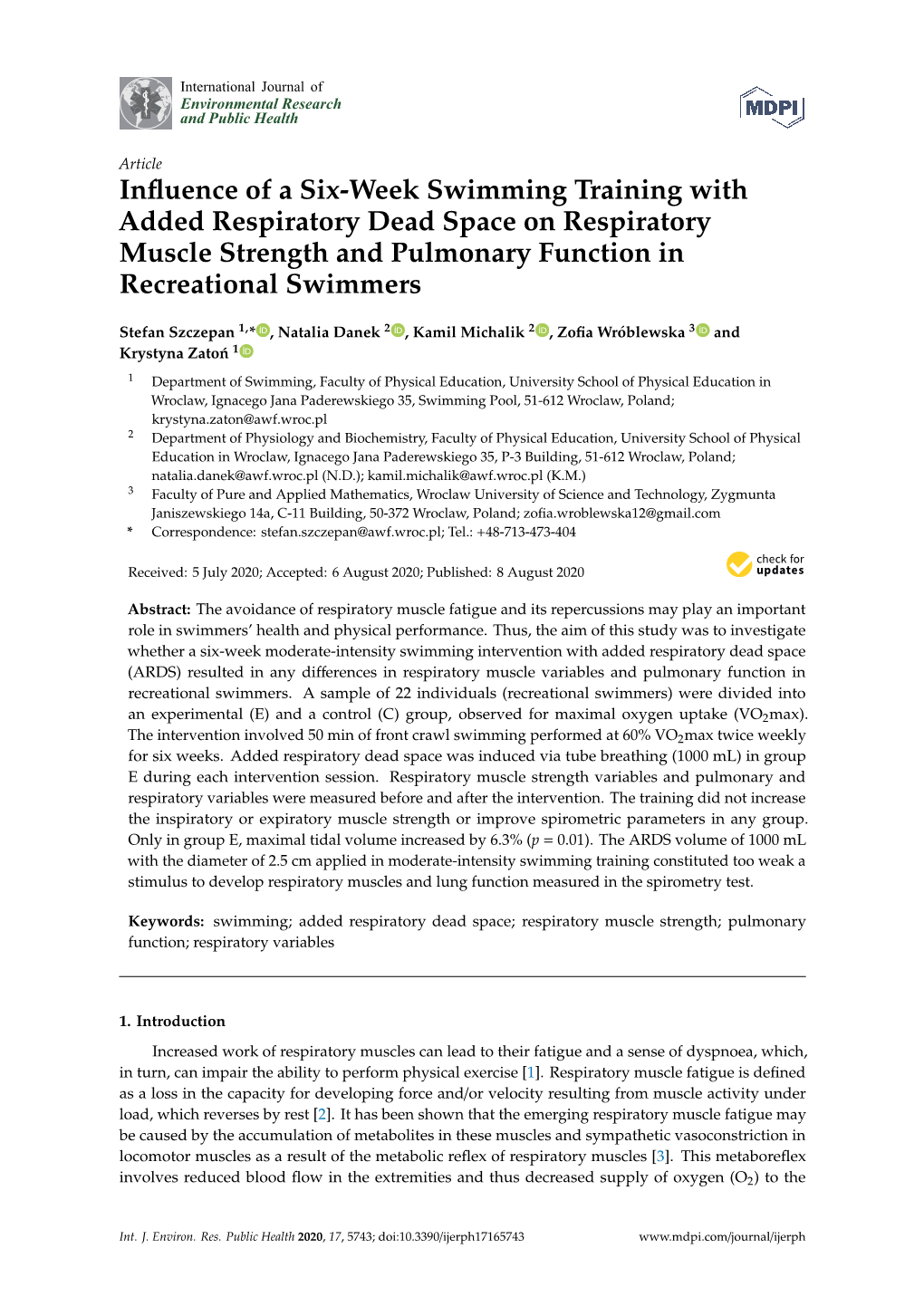 Influence of a Six-Week Swimming Training with Added Respiratory