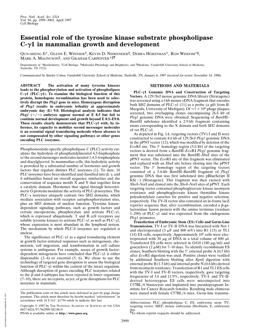 Essential Role of the Tyrosine Kinase Substrate Phospholipase C-␥1 in Mammalian Growth and Development