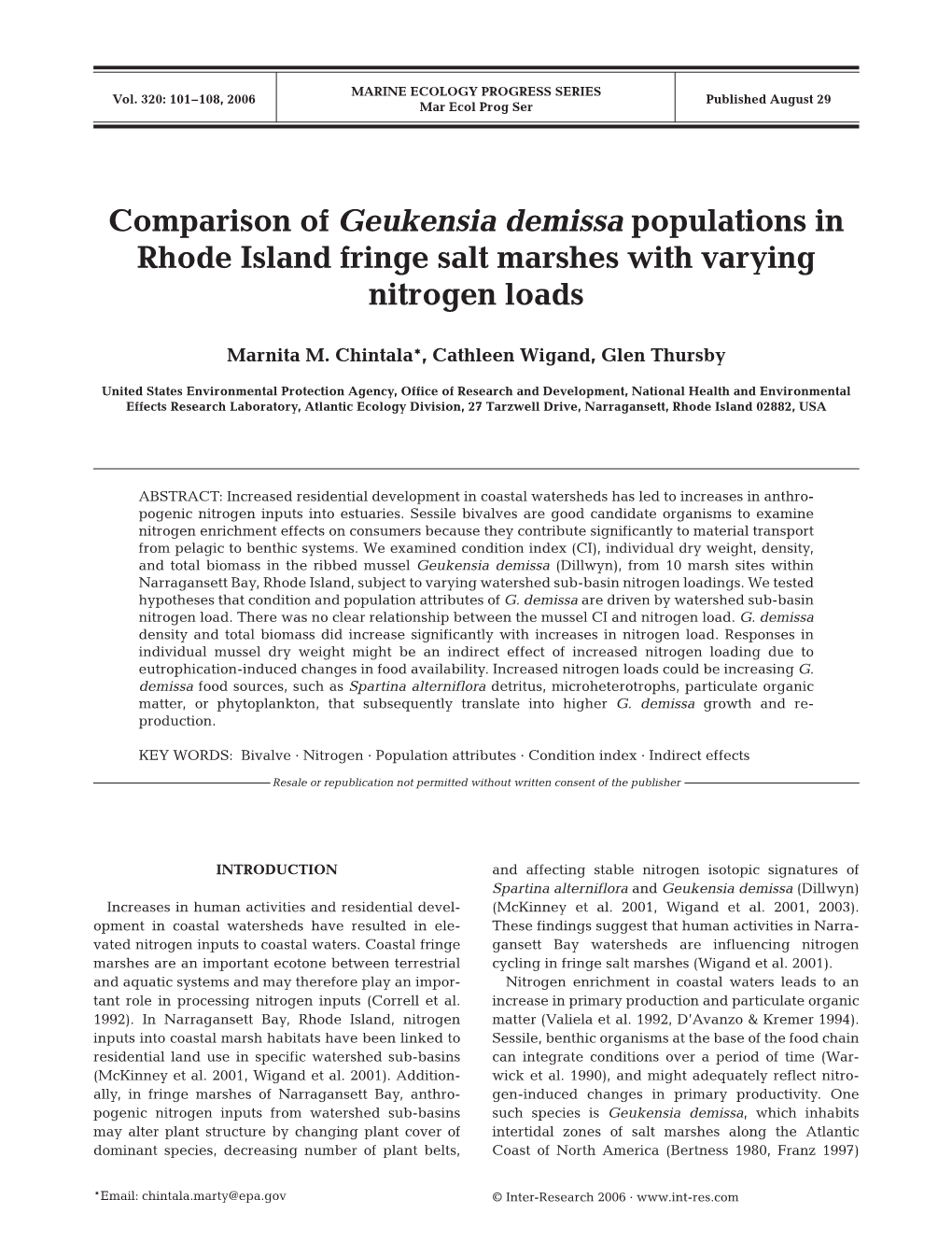 Comparison of Geukensia Demissa Populations in Rhode Island Fringe Salt Marshes with Varying Nitrogen Loads