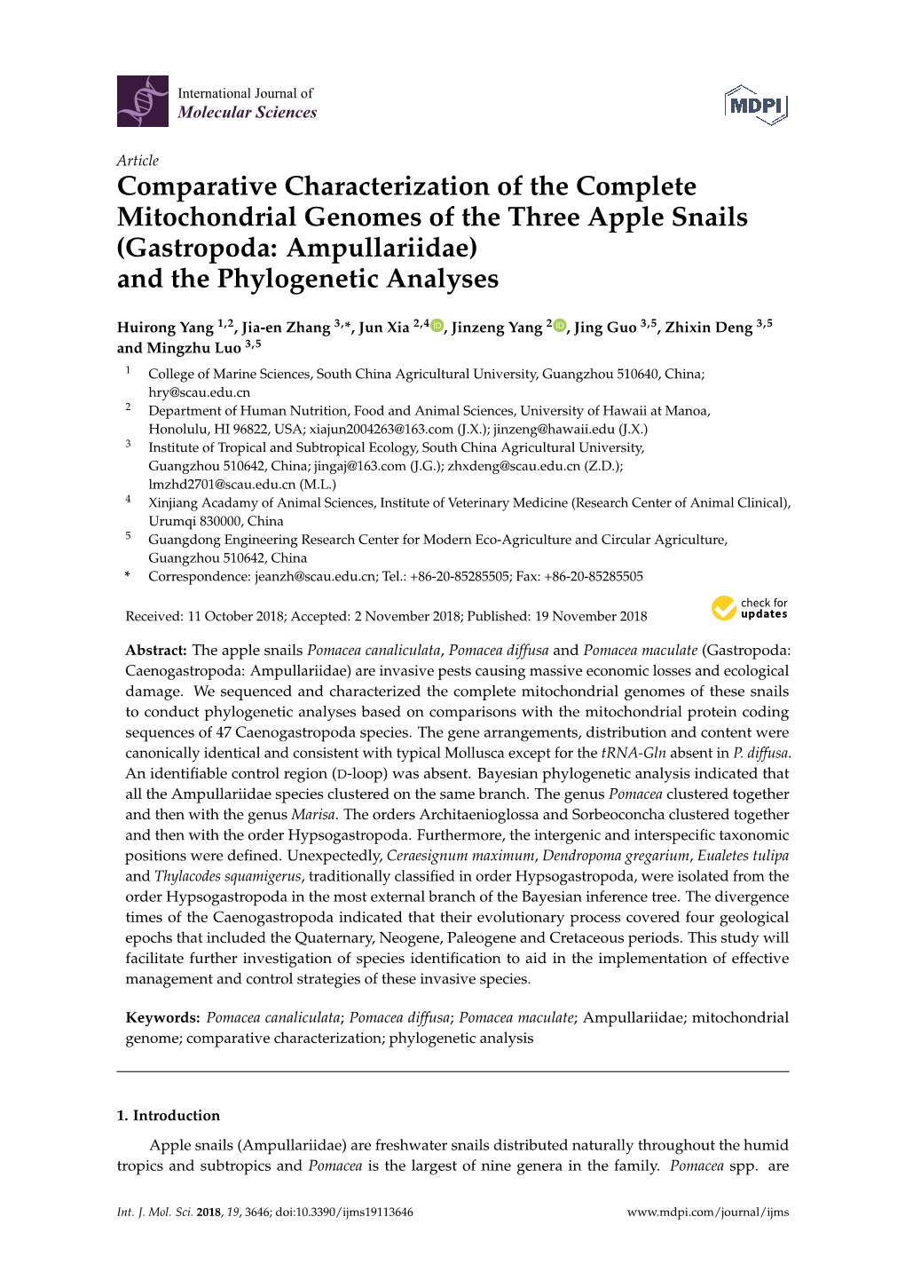 Comparative Characterization of the Complete Mitochondrial Genomes of the Three Apple Snails (Gastropoda: Ampullariidae) and the Phylogenetic Analyses