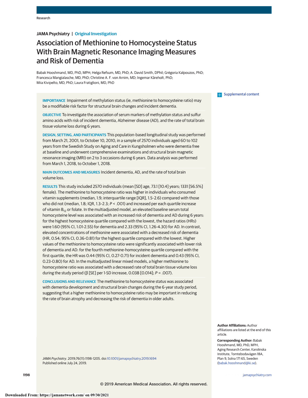 Association of Methionine to Homocysteine Status with Brain Magnetic Resonance Imaging Measures and Risk of Dementia