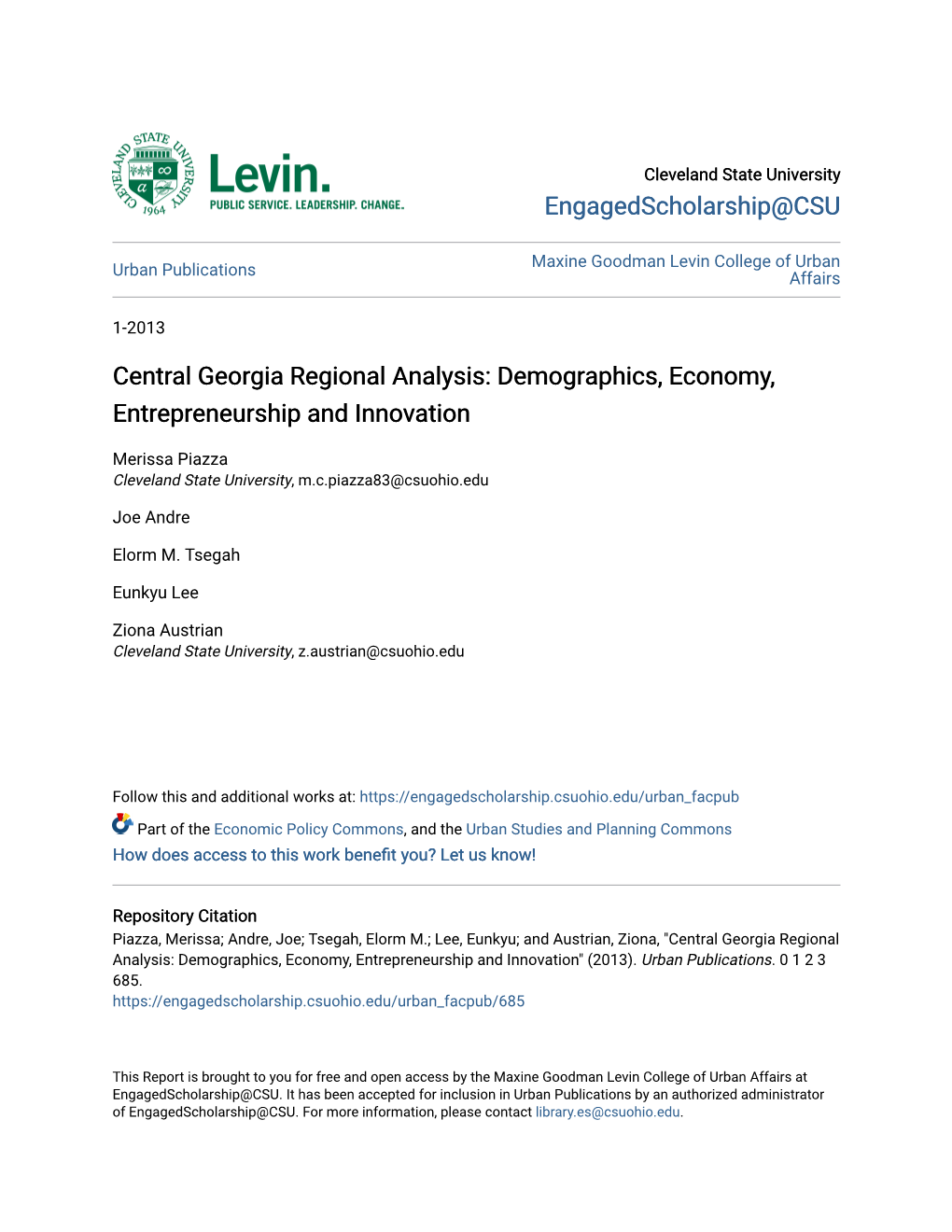 Central Georgia Regional Analysis: Demographics, Economy, Entrepreneurship and Innovation