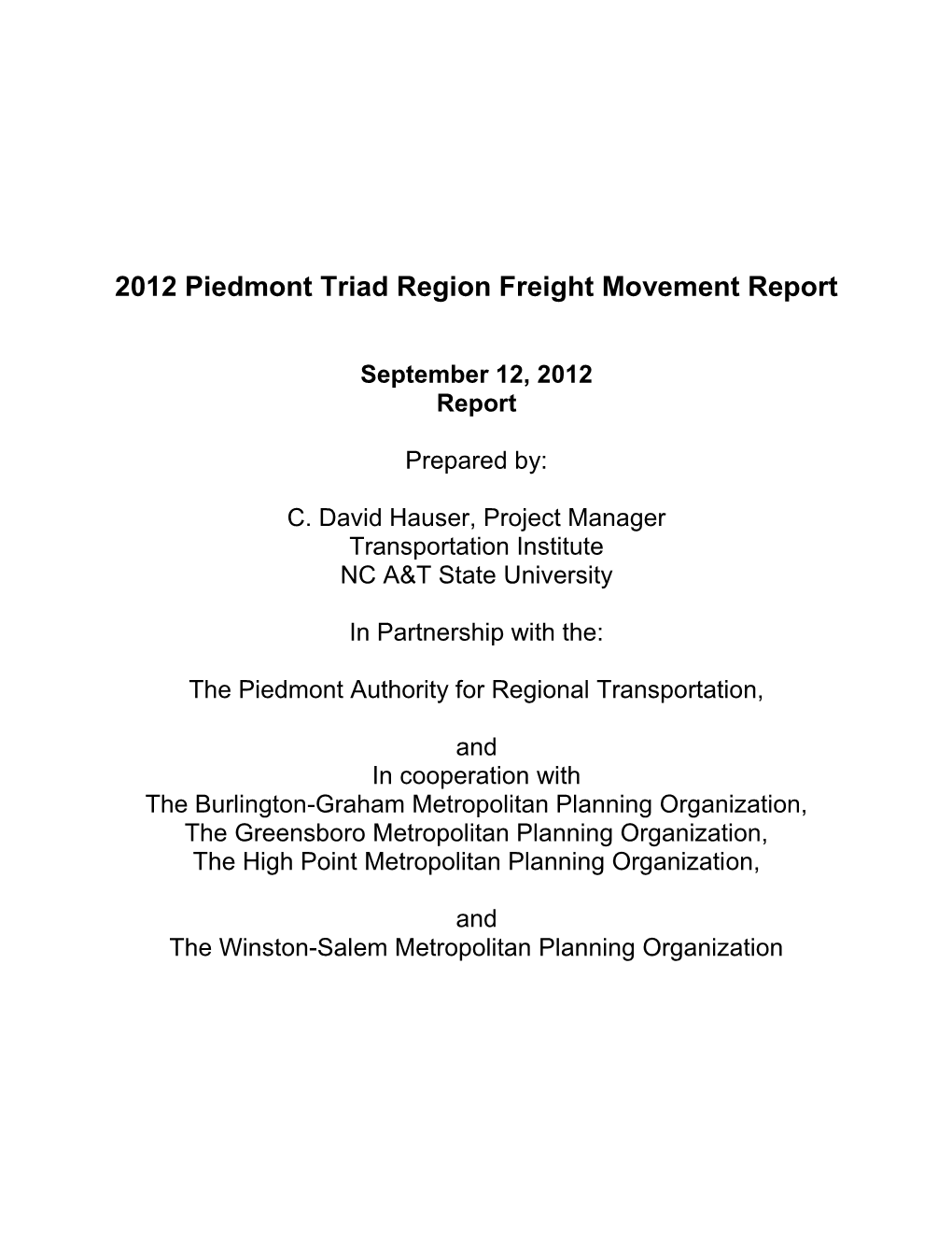 2012 Piedmont Triad Region Freight Movement Report