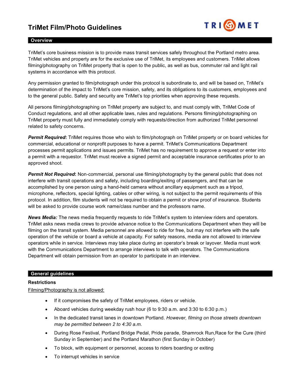 Trimet Film/Photo Guidelines