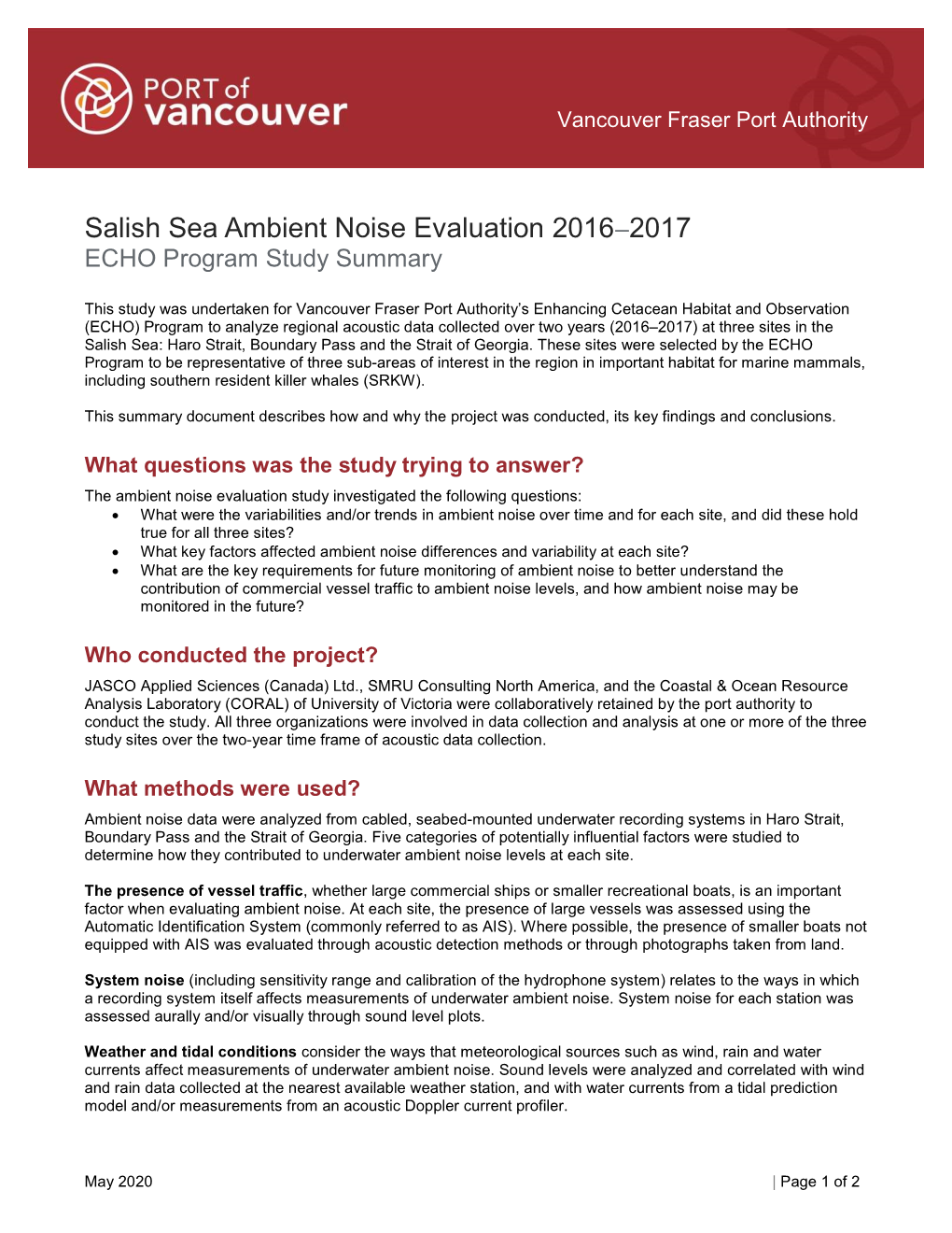 ECHO Program Salish Sea Ambient Noise Evaluation