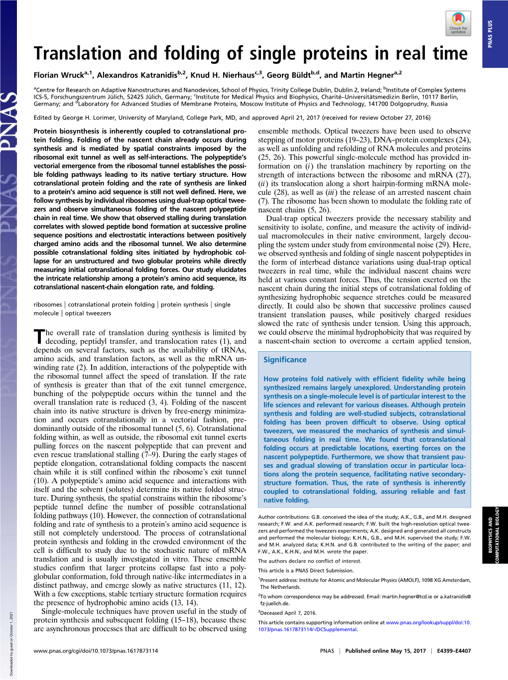 Translation and Folding of Single Proteins in Real Time PNAS PLUS