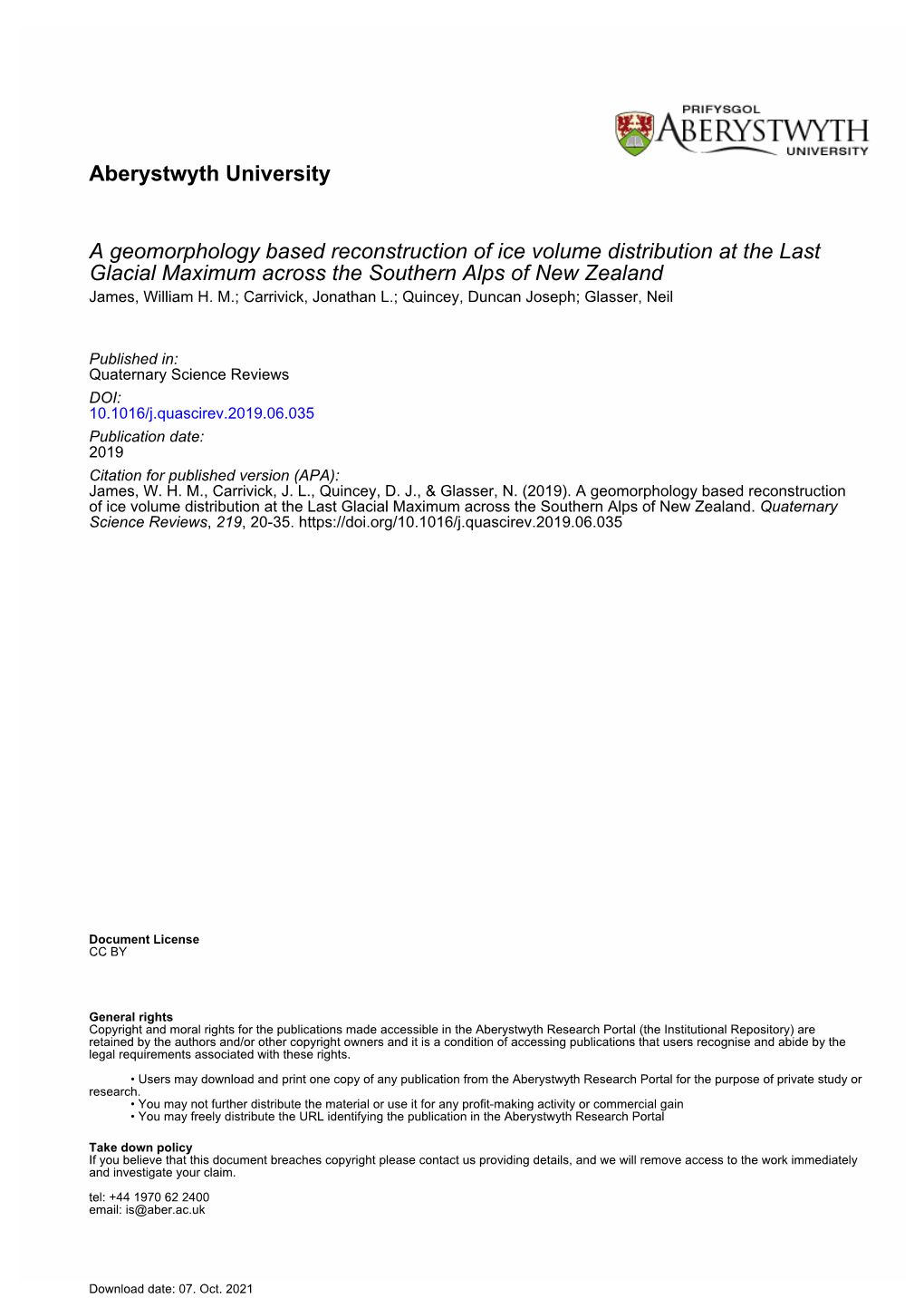 A Geomorphology Based Reconstruction of Ice Volume Distribution at the Last Glacial Maximum Across the Southern Alps of New Zealand James, William H