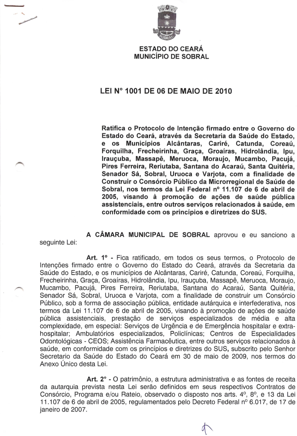 ESTADO DO CEARA Municipio DE SOBRAL Ratifica 0 Protocolo De