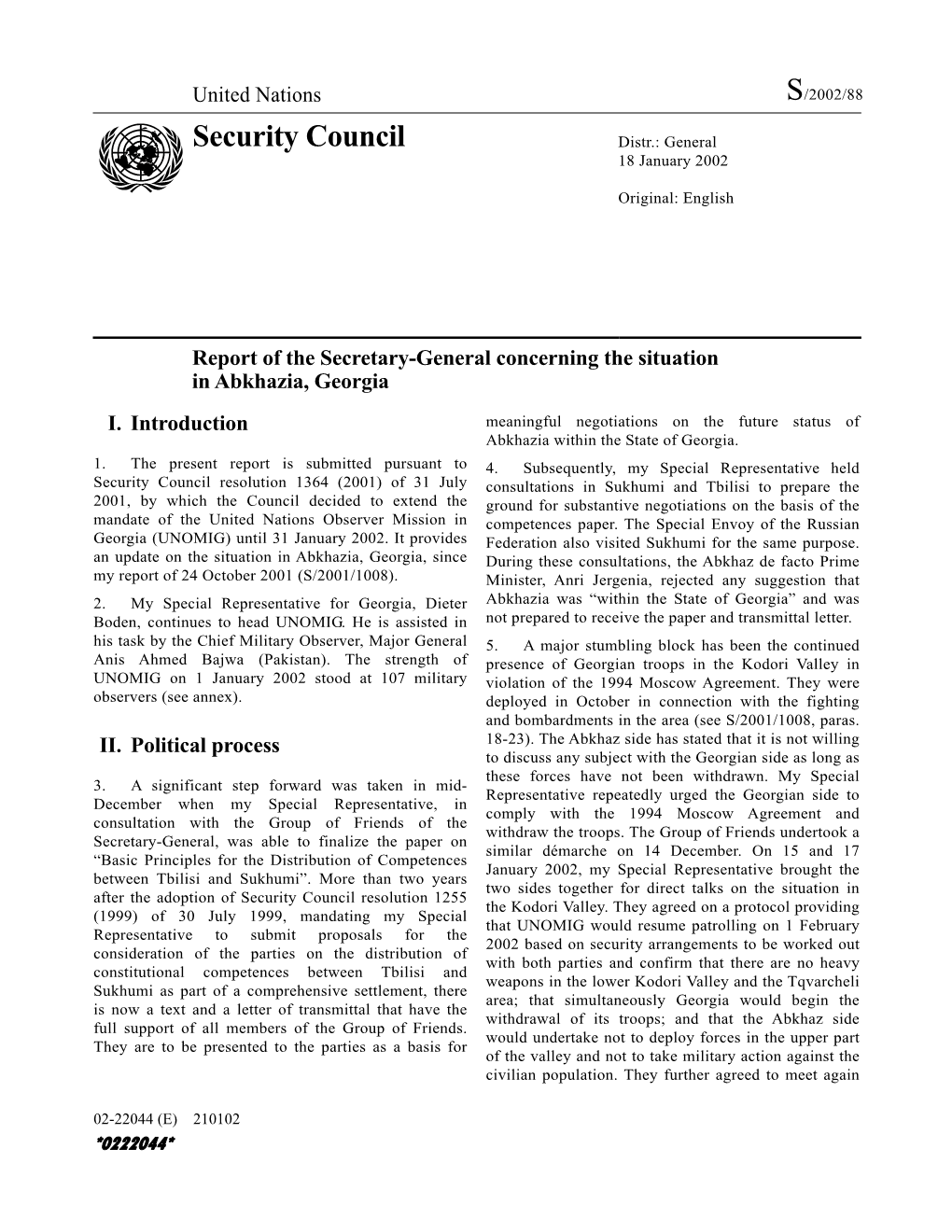 Security Council Distr.: General 18 January 2002