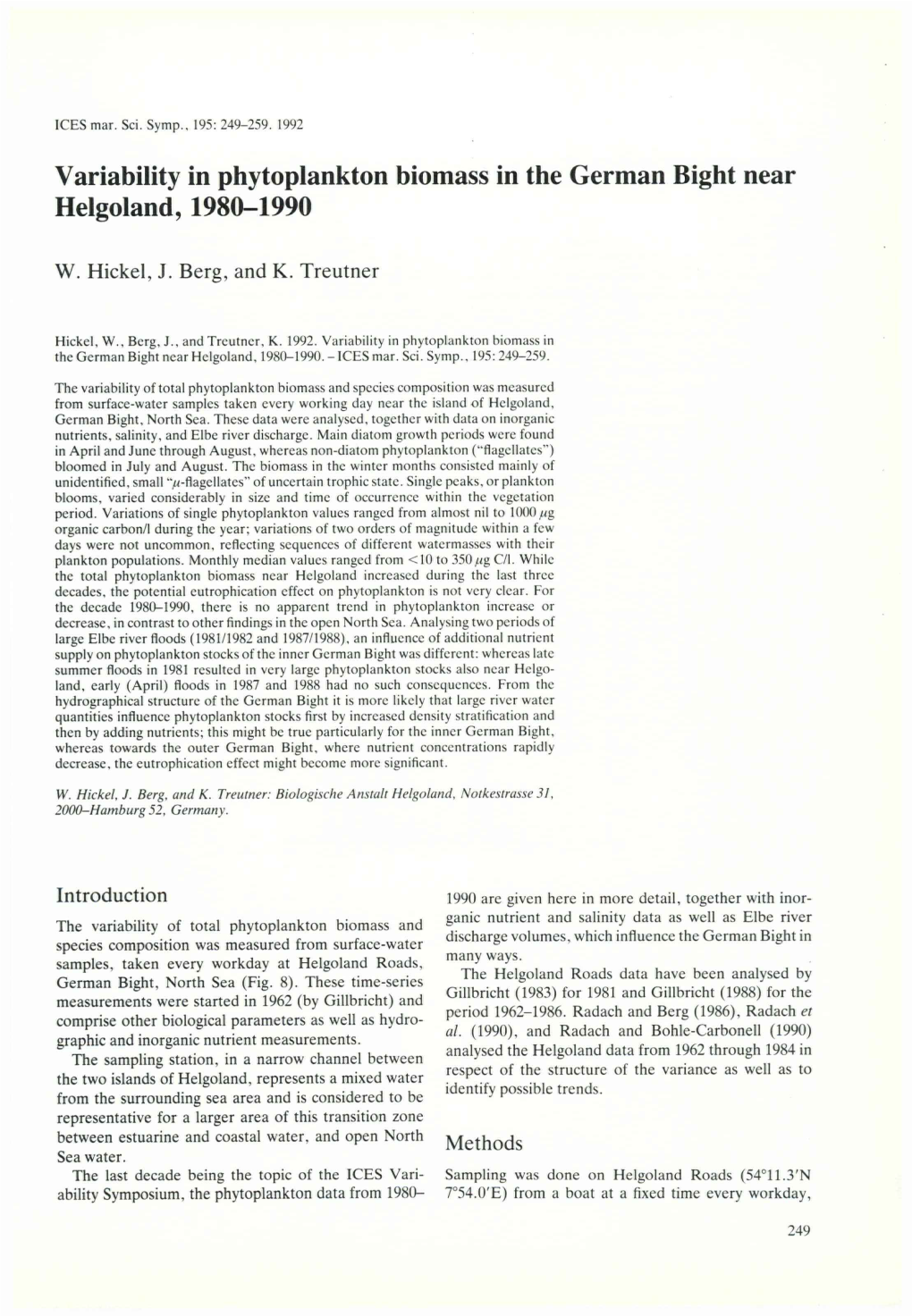 Variability in Phytoplankton Biomass in the German Bight Near Helgoland, 1980-1990