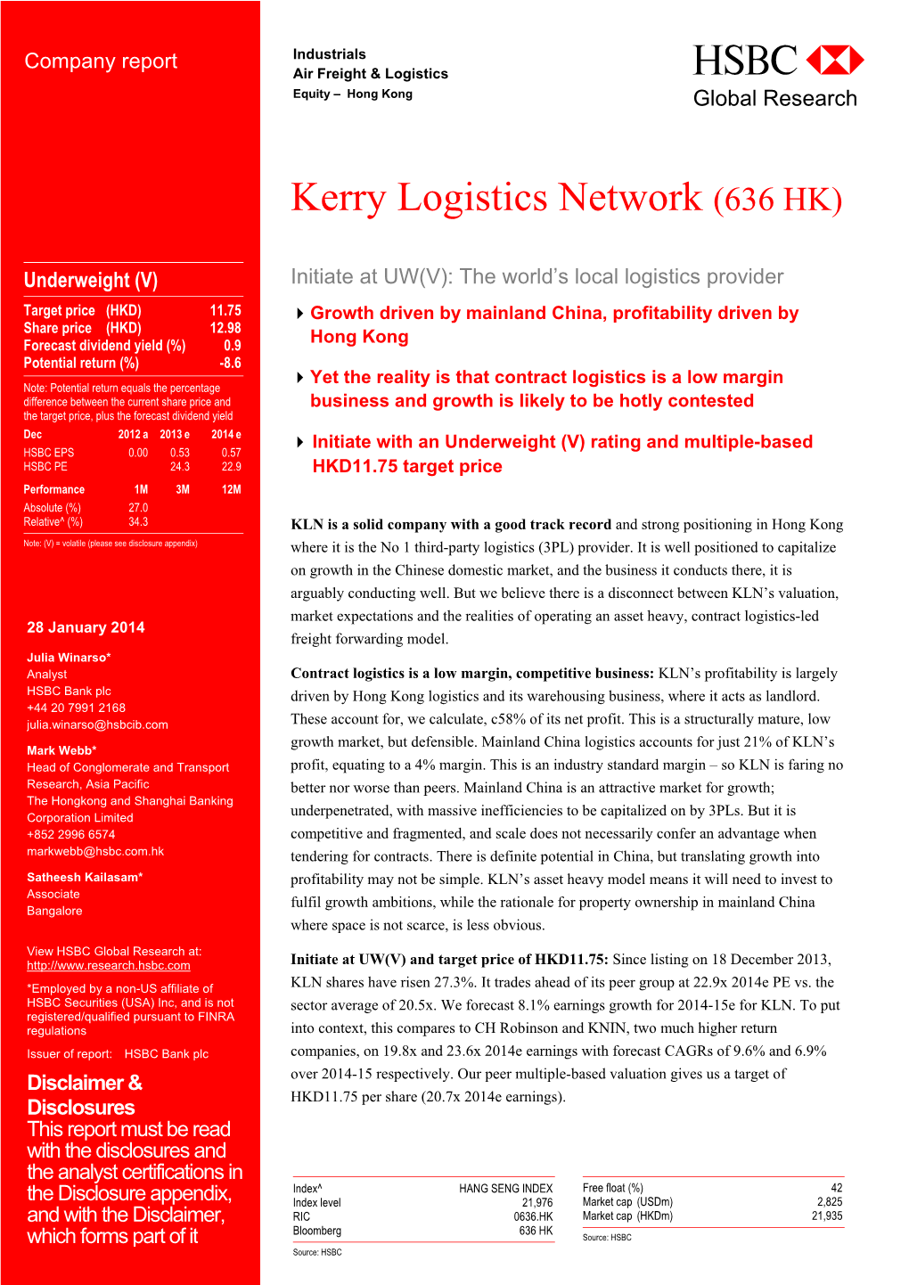 Kerry Logistics Network (636 HK)-Initiate at UW(V)