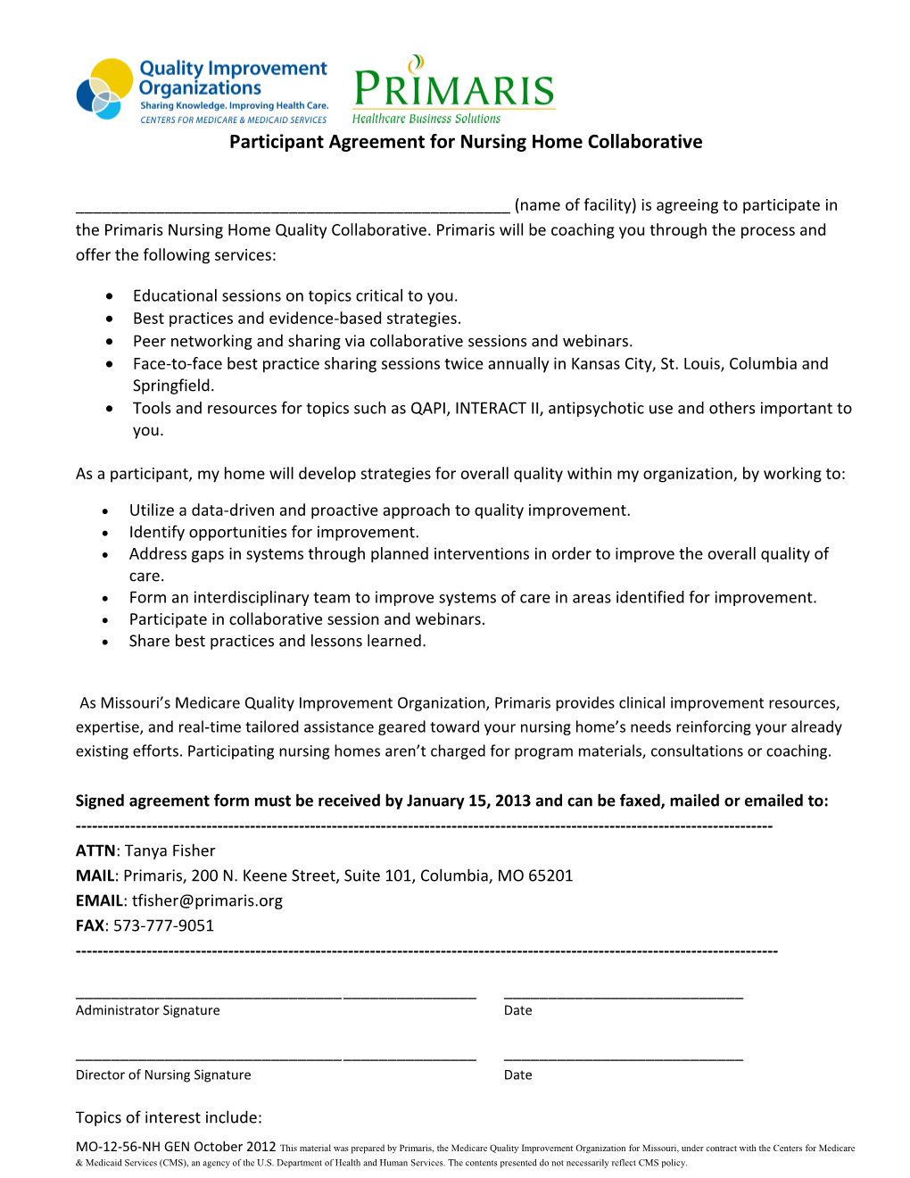 Participant Agreement for Nursing Home Collaborative