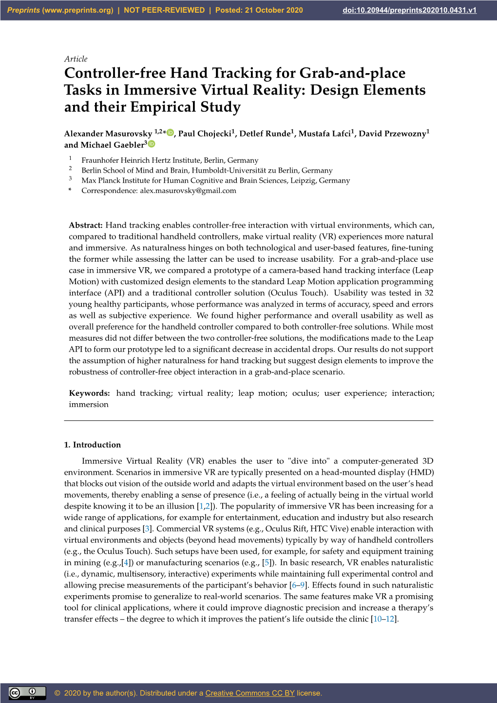 Controller-Free Hand Tracking for Grab-And-Place Tasks in Immersive Virtual Reality: Design Elements and Their Empirical Study