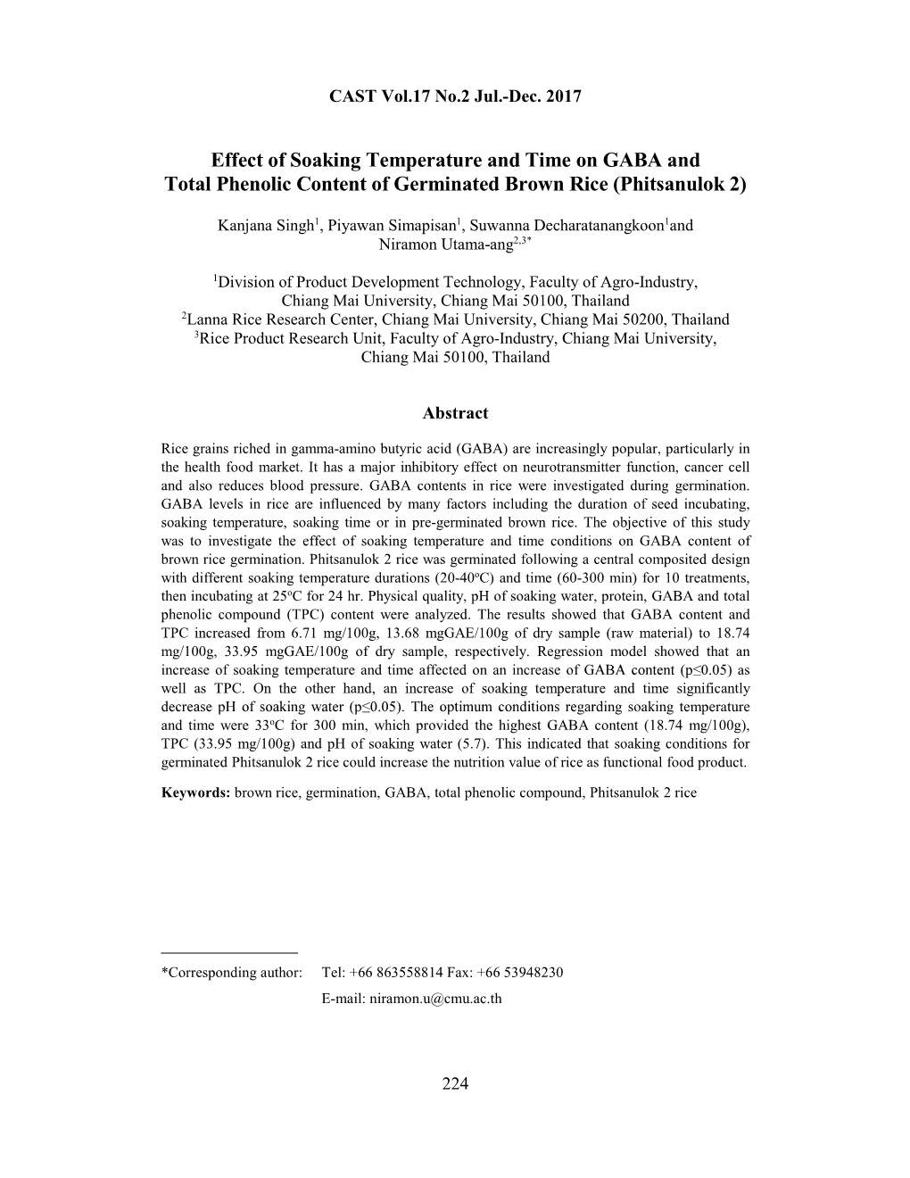 Effect of Soaking Temperature and Time on GABA and Total Phenolic Content of Germinated Brown Rice (Phitsanulok 2)