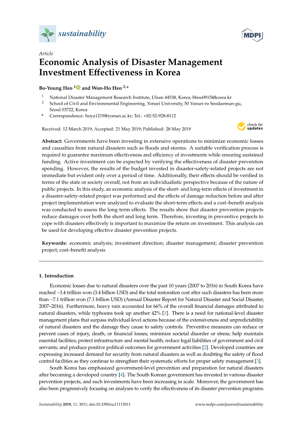 Economic Analysis of Disaster Management Investment Eﬀectiveness in Korea