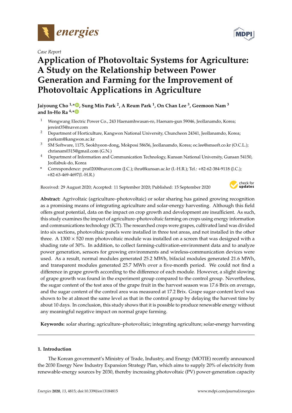 Application of Photovoltaic Systems for Agriculture: a Study On