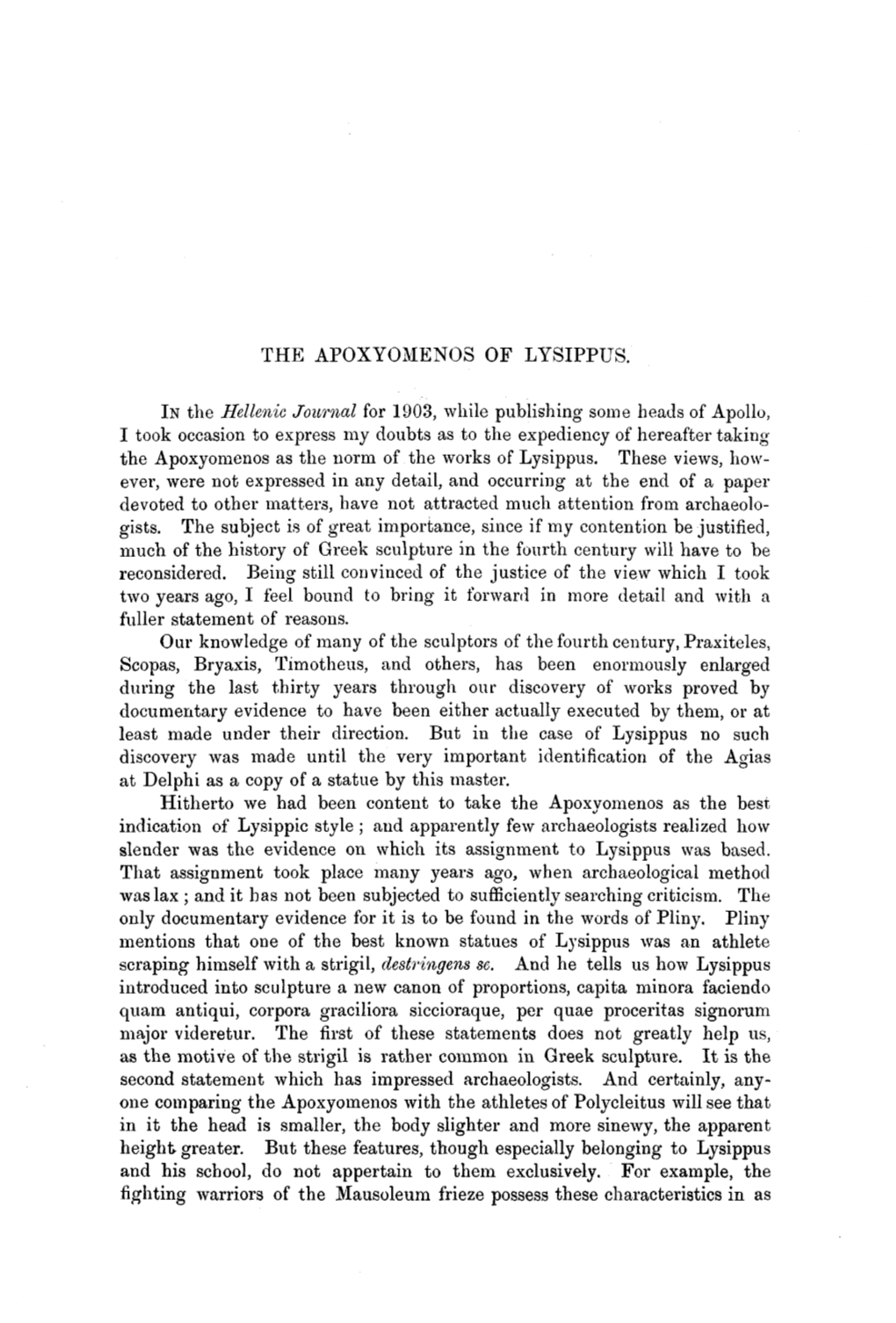 THE APOXYOMENOS of LYSIPPUS. in the Hellenic Journal for 1903