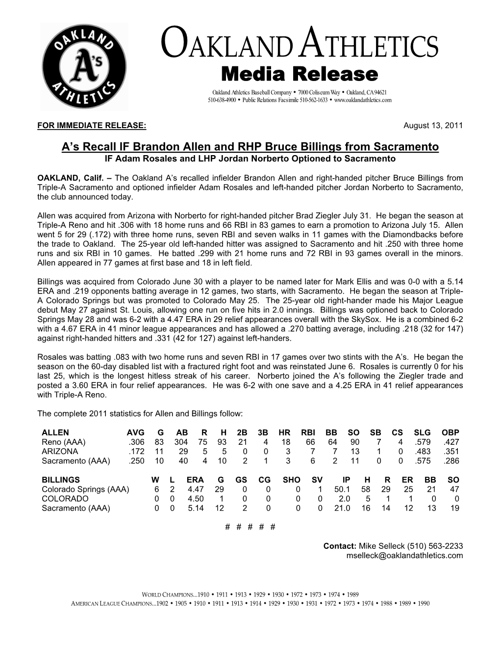 08-13-2011 Athletics Recall IF Brandon Allen and RHP Bruce