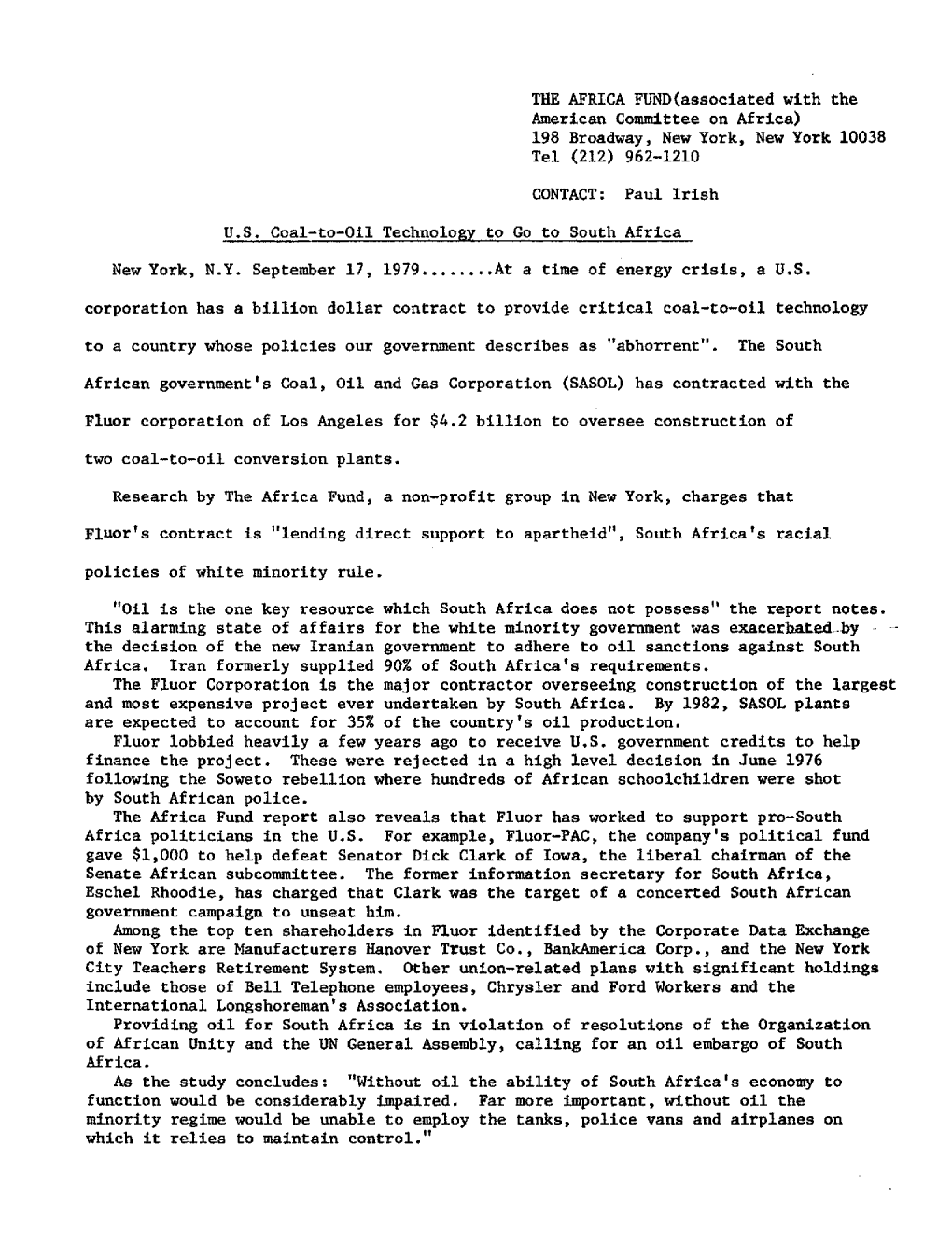 THE AFRICA FUND(Associated with the American Committee on Africa) 198 Broadway, New York, New York 10038 Tel (212) 962-1210