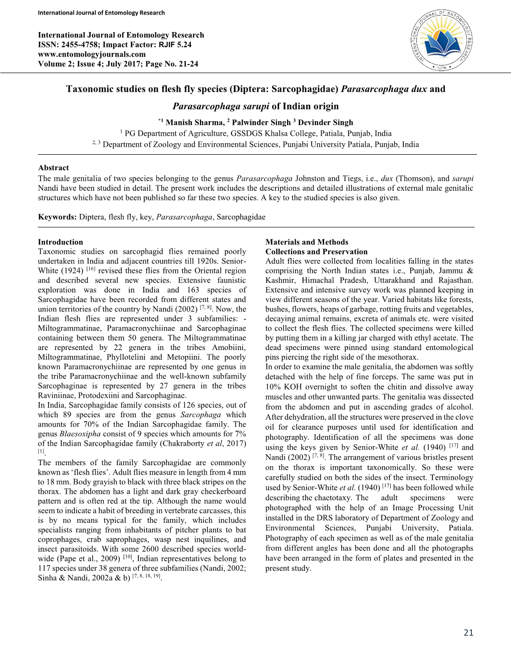 21 Taxonomic Studies on Flesh Fly Species (Diptera: Sarcophagidae)