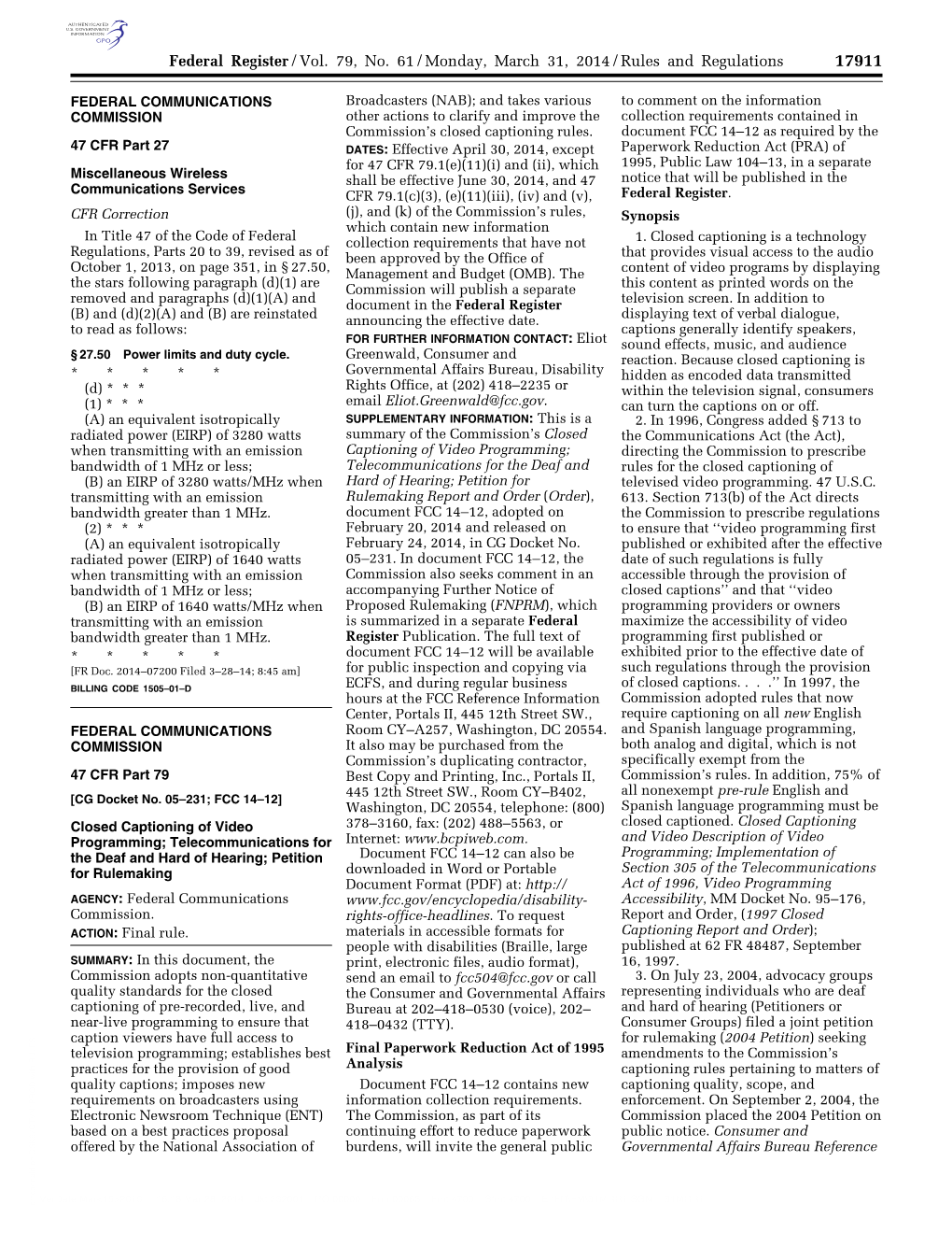 Federal Register/Vol. 79, No. 61/Monday, March 31, 2014/Rules