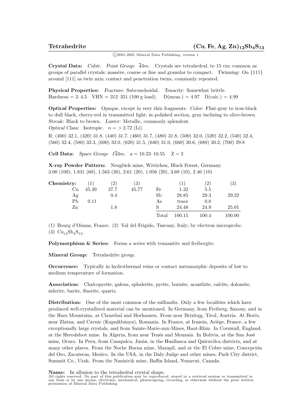 Tetrahedrite (Cu, Fe, Ag, Zn)12Sb4s13 C 2001-2005 Mineral Data Publishing, Version 1