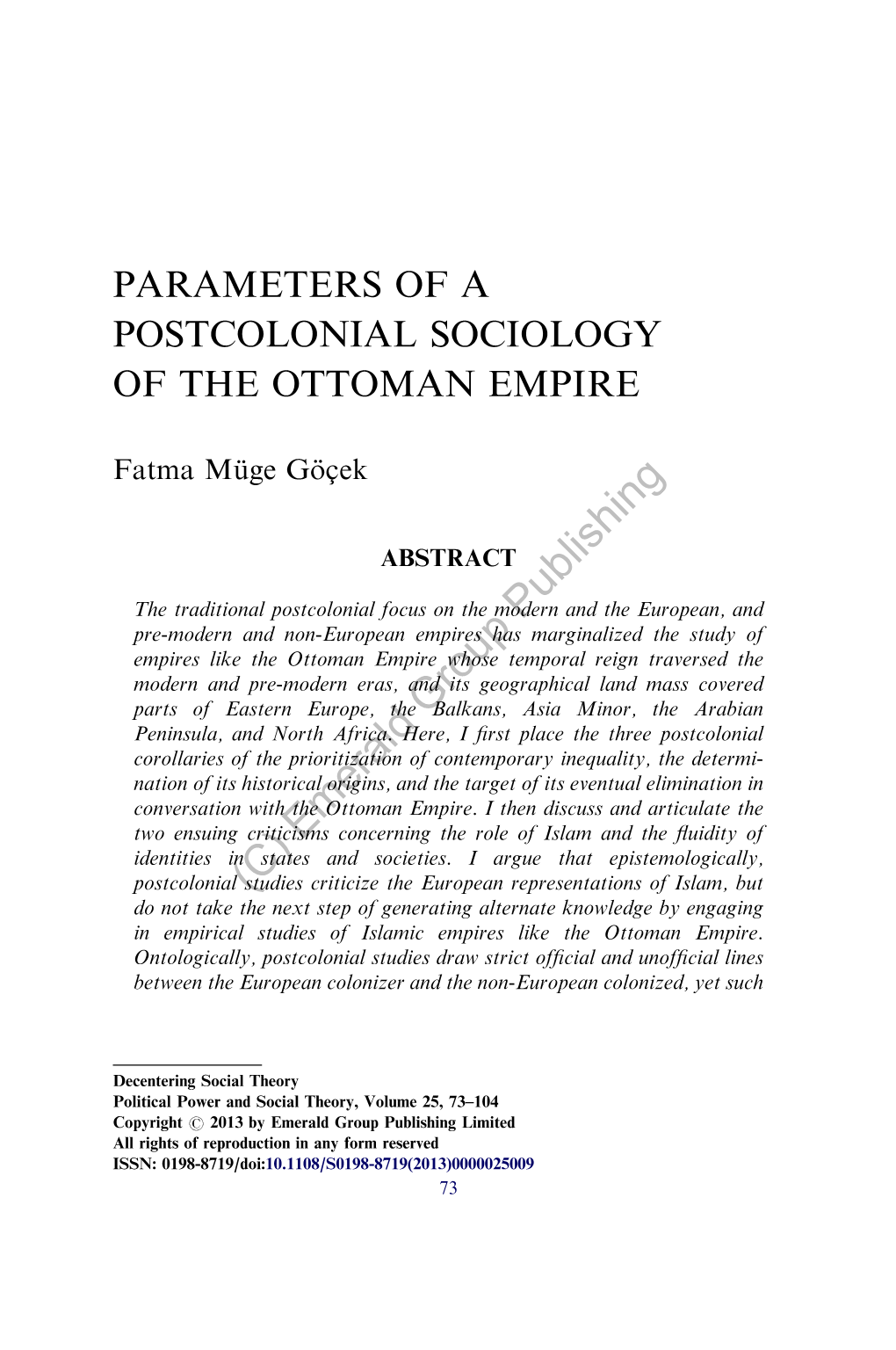 Parameters of a Postcolonial Sociology of the Ottoman Empire