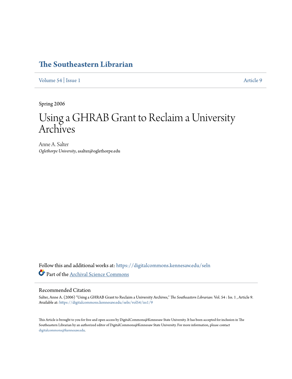Using a GHRAB Grant to Reclaim a University Archives Anne A